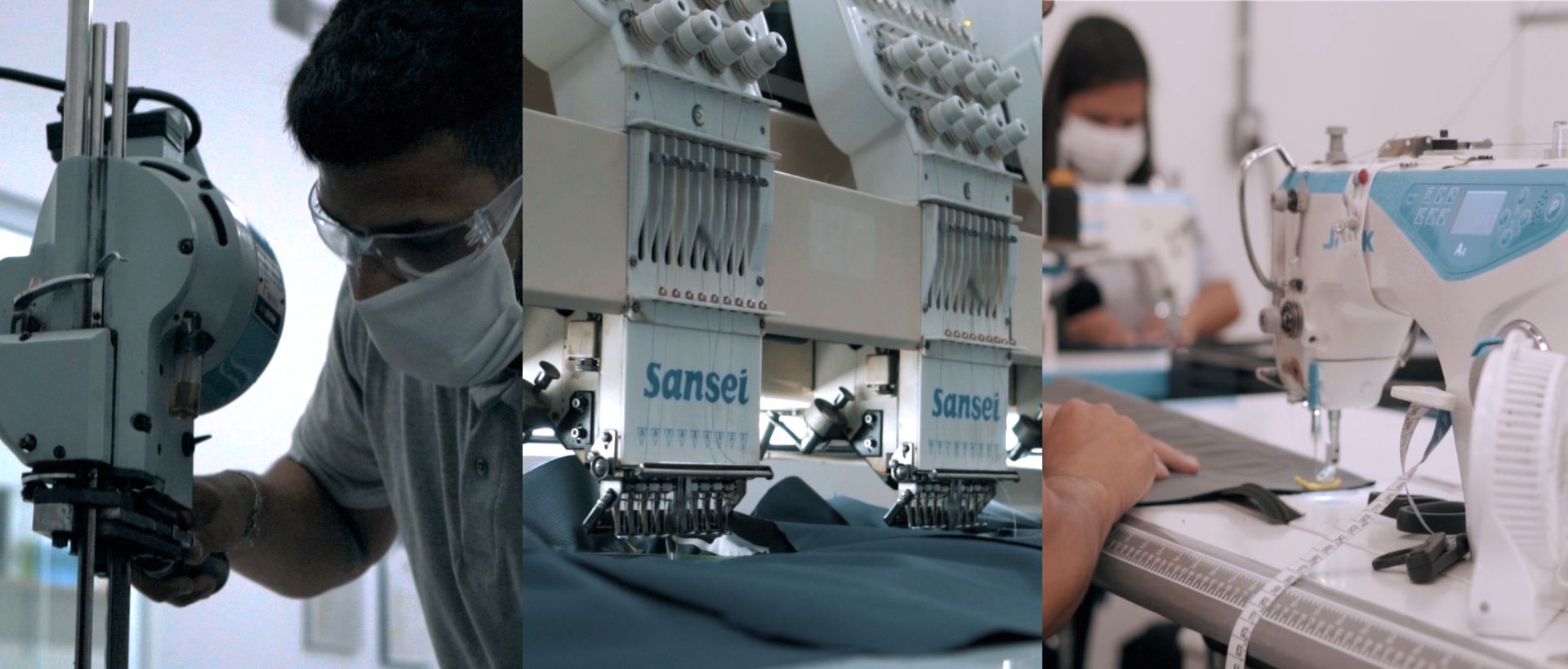 Processo de produção interno na fábrica Atenas — corte, bordado e costura